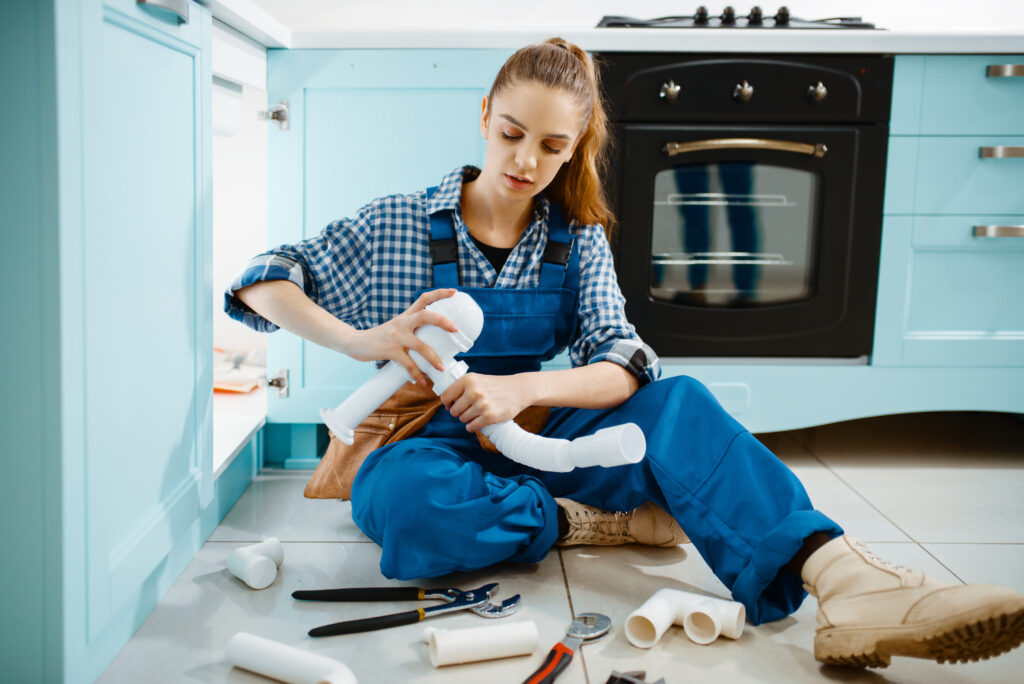 female plumber in uniform fixing problem with drain pipe in the kitchen. Handywoman with toolbag repair sink, sanitary equipment service at home