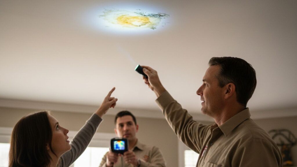 a worried homeowner points to a damp spot on their ceiling while a professional technician uses specialized leak detection equipment to locate a hidden water leak