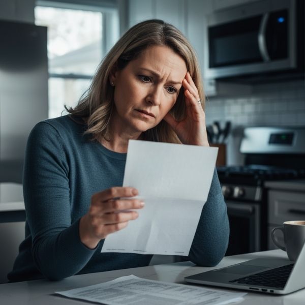 a homeowner looking concerned while holding a significantly higher than usual water bill