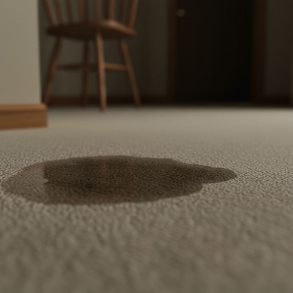 a dark, damp spot appearing on a light-colored carpet