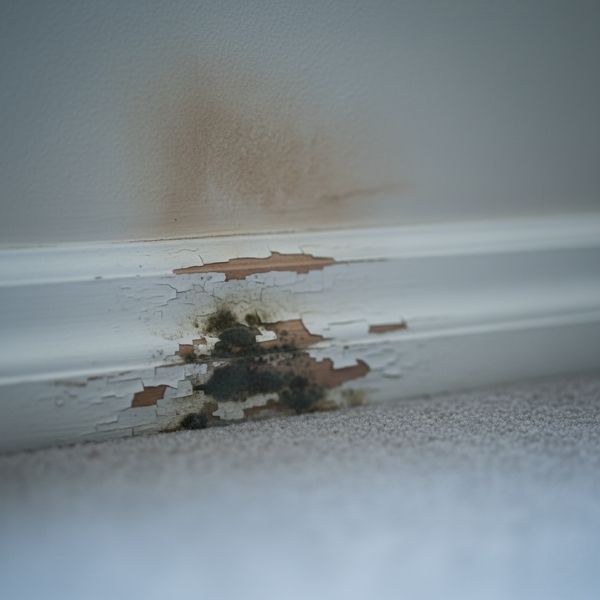 a baseboard showing visible mold growth and peeling paint