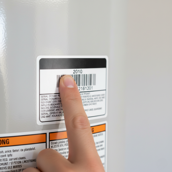 a person pointing to the serial number on a hot water heater