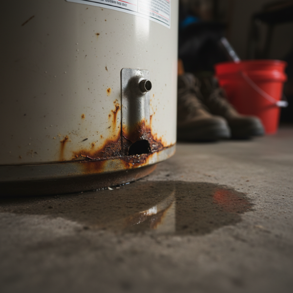 the base of a corroded hot water heater tank with rust stains and a small puddle of water