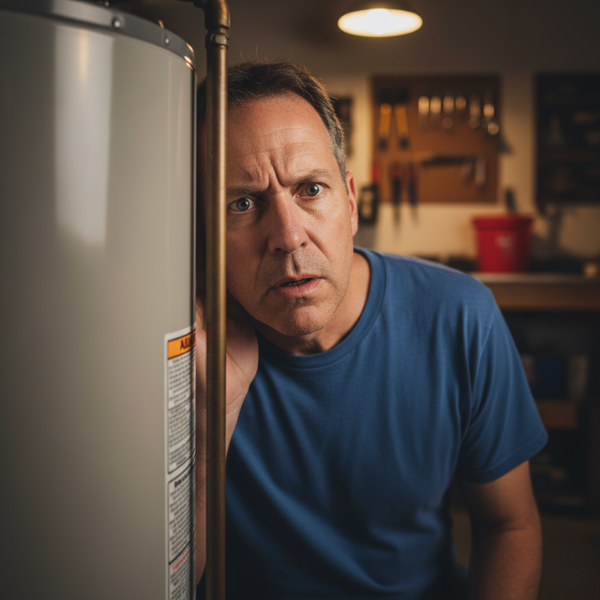 a person with a concerned expression, listening intently to a rumbling hot water heater