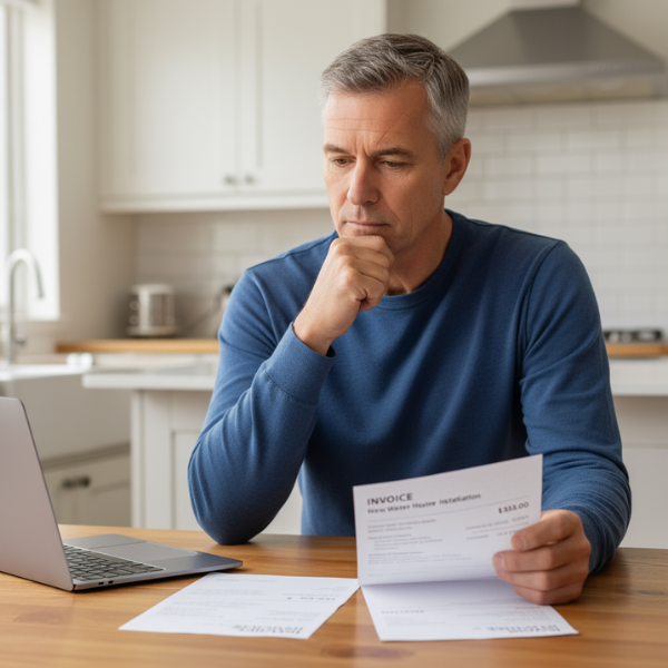 a homeowner looking thoughtfully at two invoices