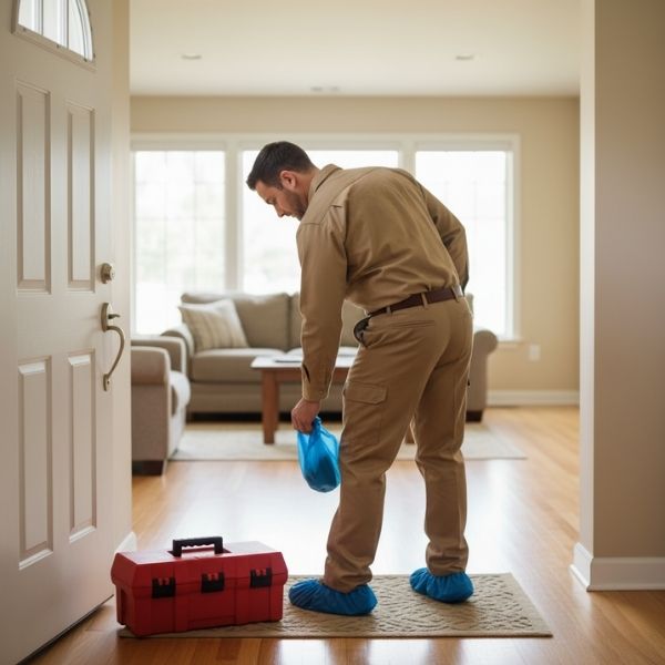 a technician carefully placing shoe covers over their boots before entering a home