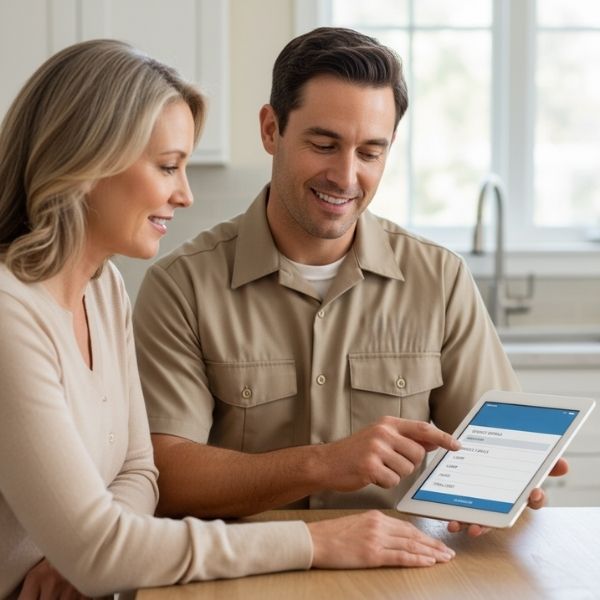 a plumber in uniform sitting with a homeowner, pointing to a clear, detailed written estimate on a tablet