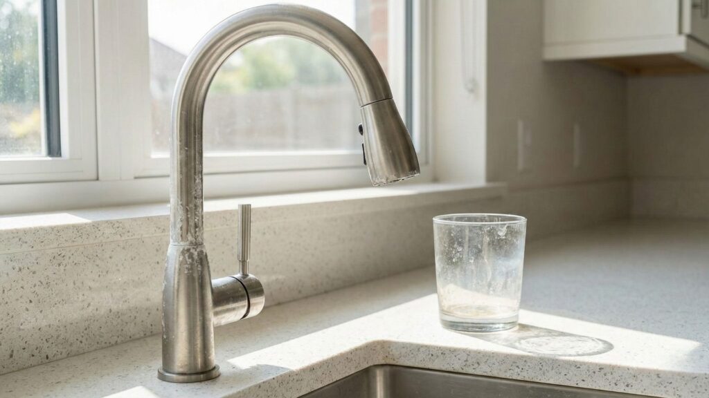 A kitchen faucet with limescale buildup and a spotted water glass, illustrating hard water problems in Norman, OK.