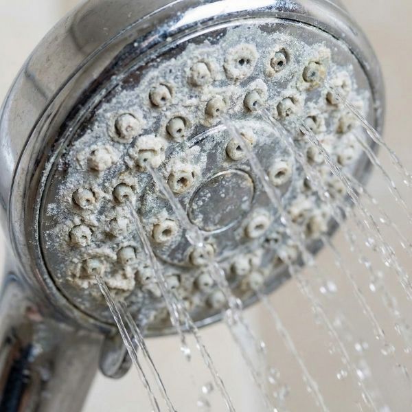 Chrome showerhead covered in white calcium deposits restricting water flow.