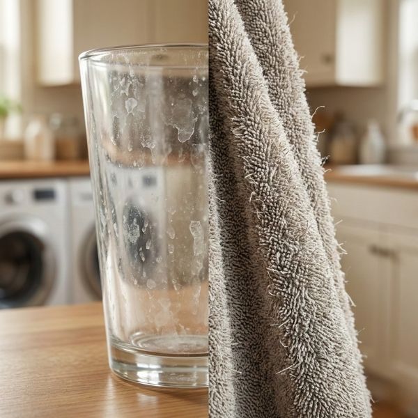 Cloudy glassware and stiff laundry fabric demonstrating the effects of hard water on cleaning.