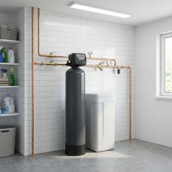 A professionally installed whole-home water softener system in a residential utility room.