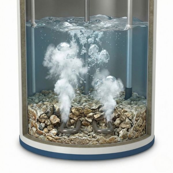 Diagram showing sediment buildup at the bottom of a water heater causing steam bubbles.