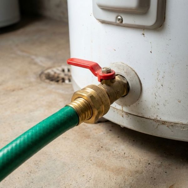 arden hose attached to a water heater drain valve for annual maintenance flushing.