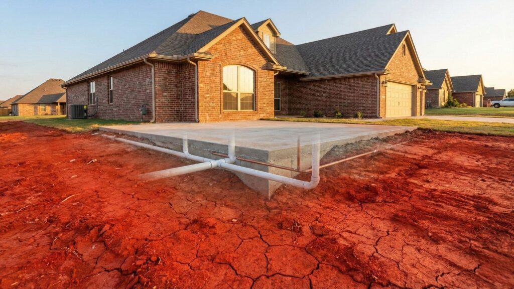 Home foundation in Norman Oklahoma sitting on shifting red clay soil