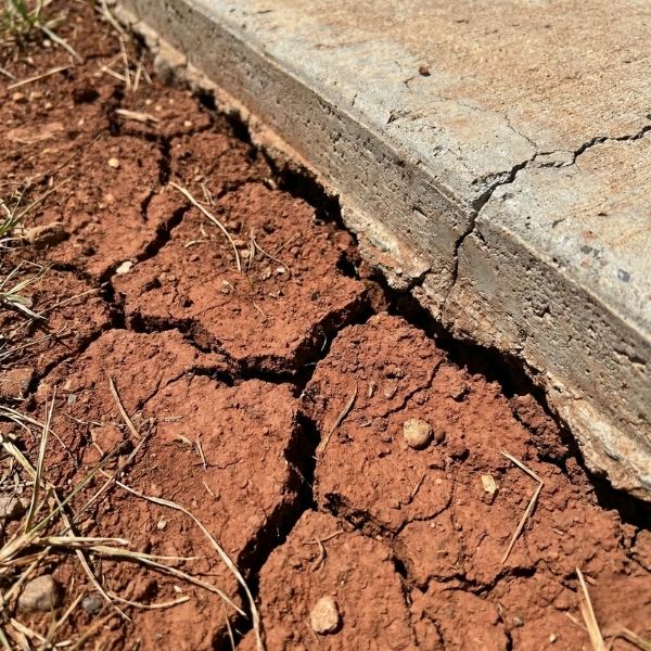 Cracked red clay soil expanding and contracting near concrete foundation