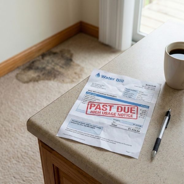 High water bill and damp spot on floor indicating slab leak