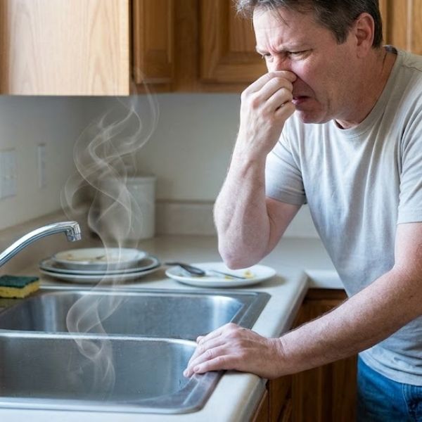 man with hands on nose because of smell