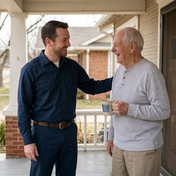 plumber talking to elderly customer