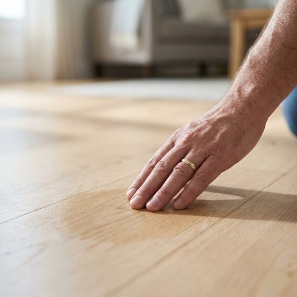 A close-up of a concerned homeowner’s hand resting on a slightly damp and discolored patch of light hardwood flooring. Natural light, shallow depth of field.