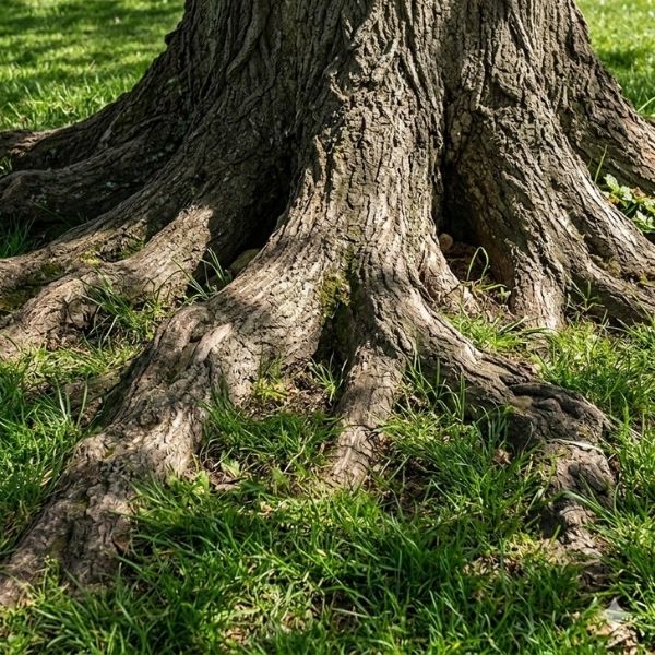 A detailed close-up shot of thick tree roots spreading across green grass on a sunny day.