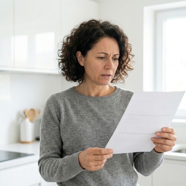 A middle-aged woman in a kitchen, holding a large water utility bill with a stressed expression. She has a hand near her ear, tilted as if listening intently for a faint sound. Bright, natural daylight.