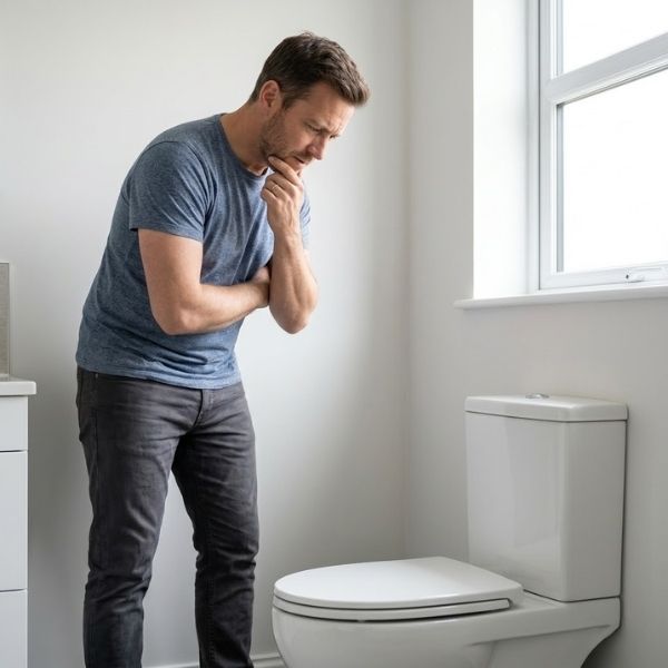 A concerned homeowner stands in a bright, modern bathroom looking at a toilet.