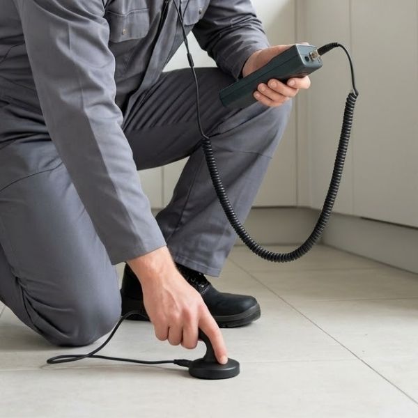 A focused male plumber with short blonde hair, wearing a grey professional uniform, is using non-invasive acoustic leak detection equipment on the tiled floor of a modern residential kitchen. Natural daylight.
