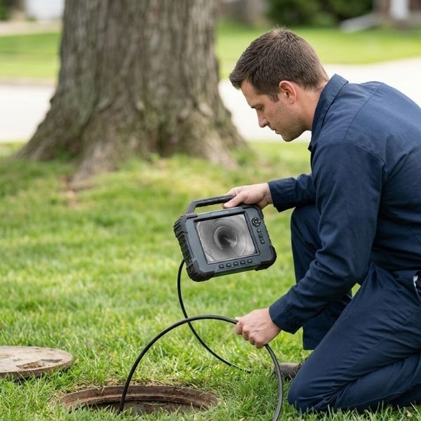 A plumber in a clean uniform kneels in the grass while operating a sewer inspection camera monitor.