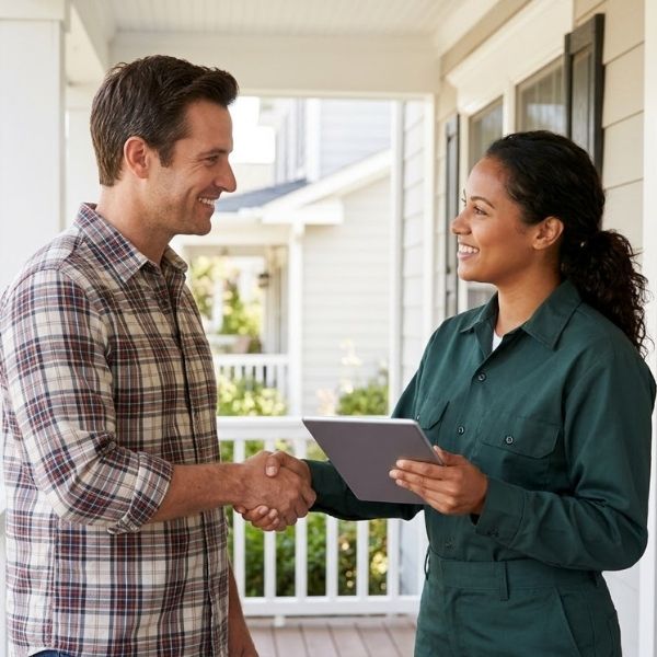 A cheerful male homeowner, wearing a casual plaid shirt, is smiling and shaking hands with a female plumbing professional in an unmarked uniform on a suburban house porch. She is handing him a finished service report displayed on a grey tablet. Natural outdoor daylight.