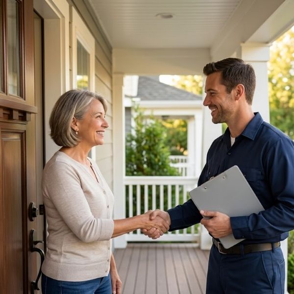 A satisfied homeowner and a friendly plumber in an unmarked uniform shake hands by a front door.
