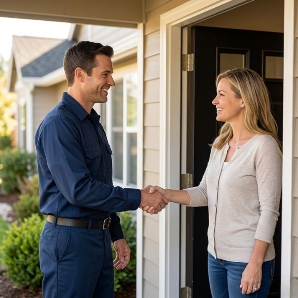 A friendly plumber and a homeowner shake hands at the front door of a home.