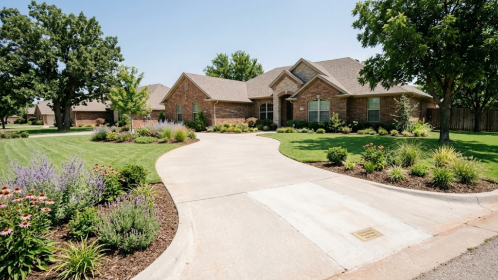 Beautifully landscaped Oklahoma front yard and driveway following underground sewer pipe restoration.