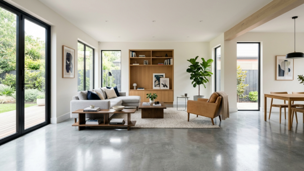 Beautifully restored living room with pristine concrete flooring after successful foundation repair.