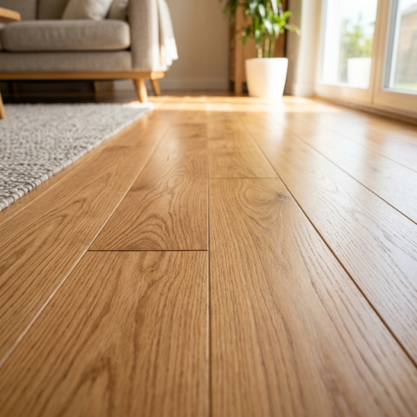 Clean, seamlessly repaired hardwood floor inside a modern home following slab leak resolution.
