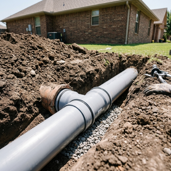 Slab Leak 101_ What It Is and Why It’s a Plumbing Emergency (3) Heavy-duty replacement sewer pipe installation neatly fitted underground near a home.