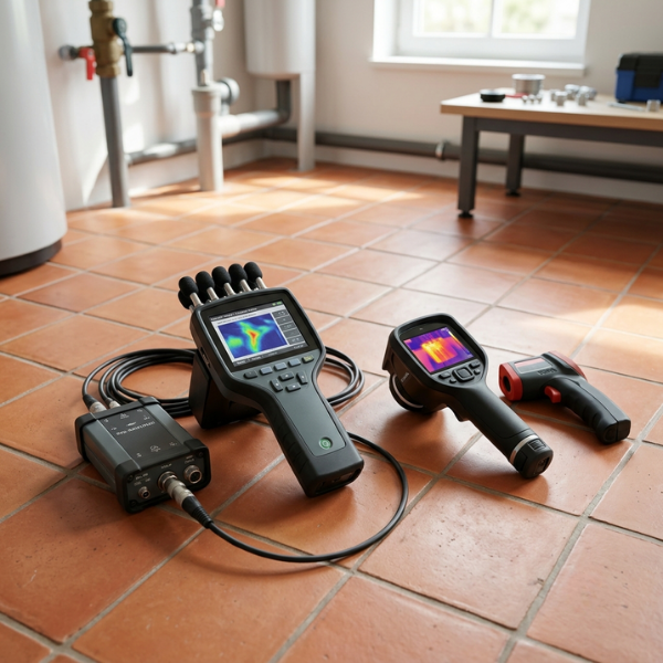 Professional leak detection tools resting on a newly finished tile floor inside a clean home.