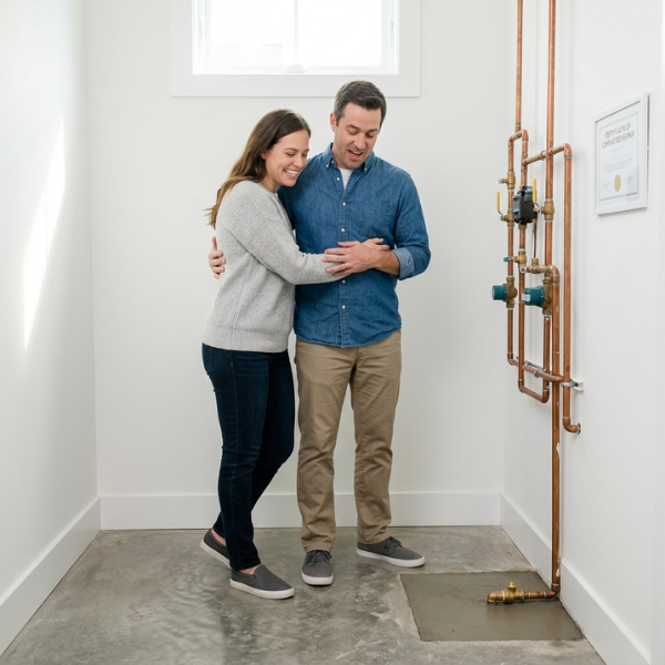Happy couple with High-efficiency, newly installed copper pipes inside a clean home utility room.
