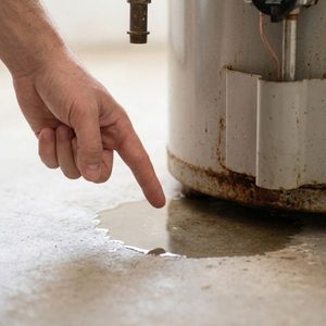 A person points specifically to a small puddle of leaked water on the floor near the base of a water heater.