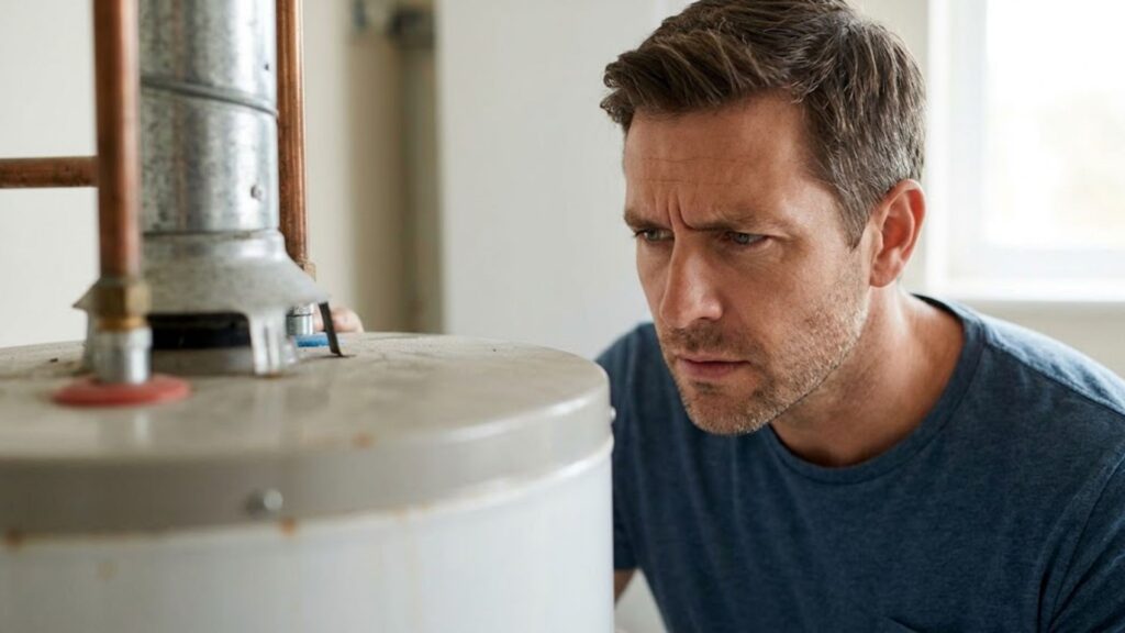 A confused looking person staring at their water heater