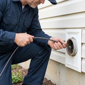 A plumber guides a camera snake into a residential cleanout pipe for a sewer inspection.