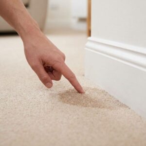 A person points to a damp, discolored section of carpet indicative of a possible slab leak beneath the foundation.