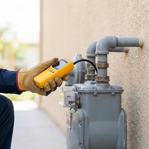 A service technician uses a handheld device to inspect the integrity of a residential gas meter and its connections.