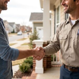 A trusting handshake between a satisfied homebuyer and a professional plumber on a residential front porch.