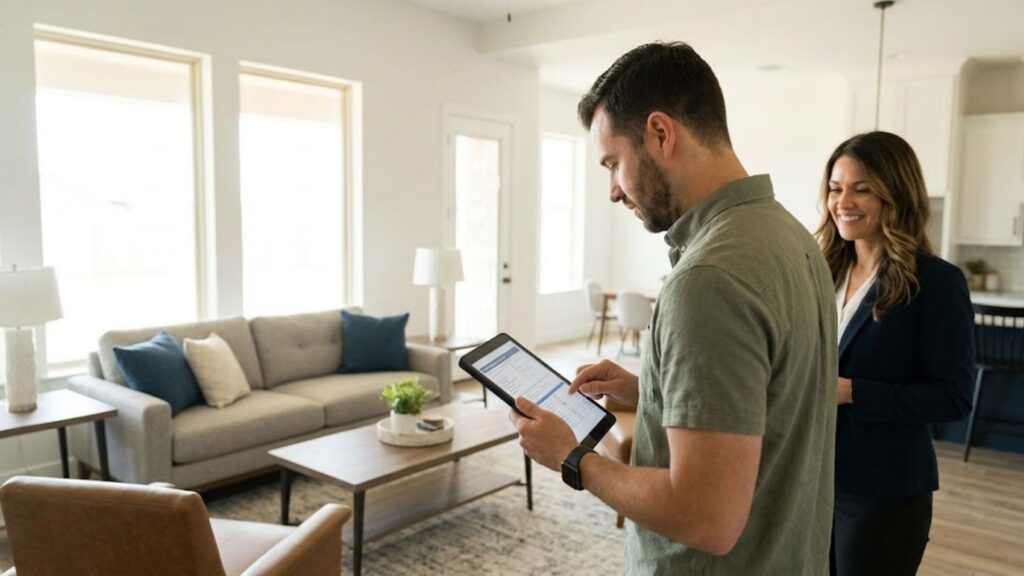 A person and real estate agent in a living room